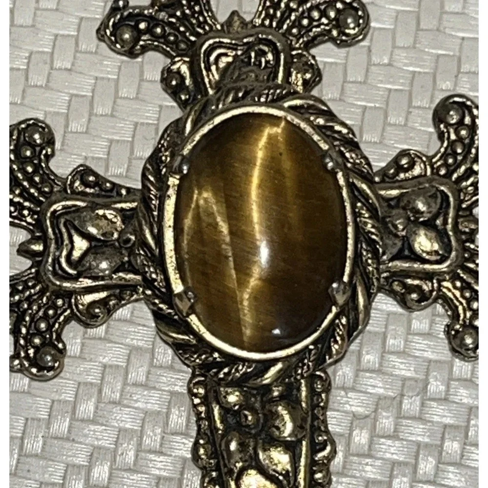 Vintage Ornate Tiger's Eye Cross Pendant Necklace Gold Tone Victorian 24